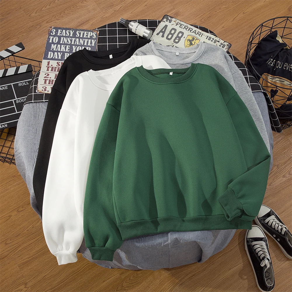 Crewneck Gray Hoodies Vintage Plain Sweatshirt Pullover Top Women Casual Loose O Neck Sweetshirts Loose Fit Winter Velvet Coat