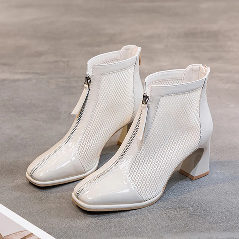 

2021 New Spring Summer Boots Zipper Mesh Hollow Out Breathable Single Shoes Women High Heels Cool Boots Women Ankle Boots