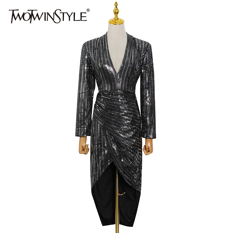 

TWOTWINSTYLE Pullover Dress For Women V Neck Long Sleeve High Waist Patchwork Sequin Ankle Length Dresses Female 2021 Clothing