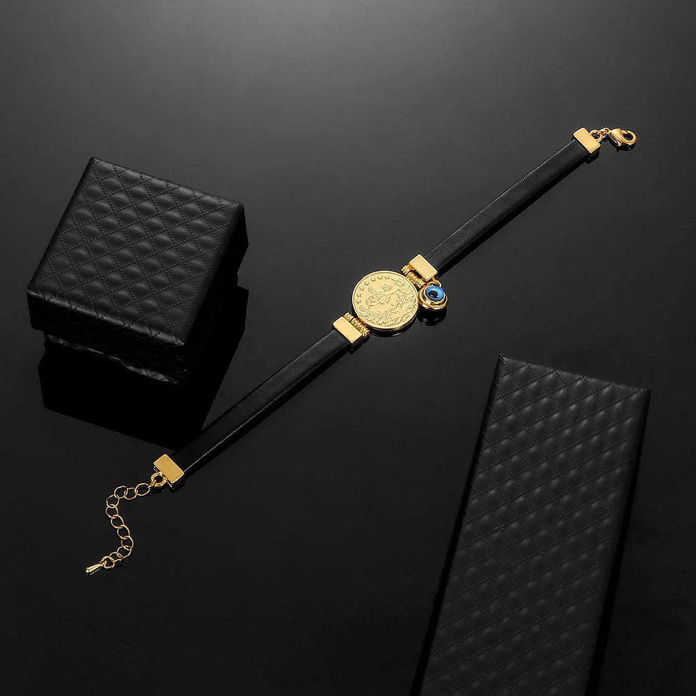 Мусульманский Исламский кожаный браслет золотого цвета синий сглаза деньги