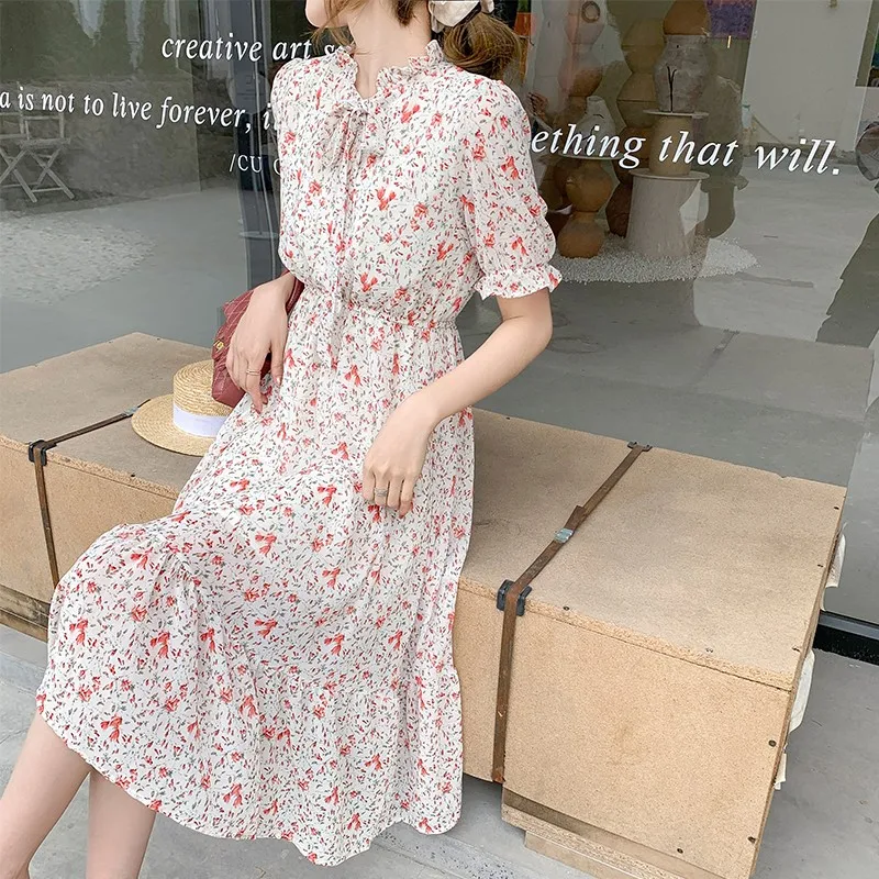 

Ladies Elegant A-line Chiffon Dress New 2021 Summer Fashion Korean Style Floral Print Elastic Waist Women Casual Dresses W483