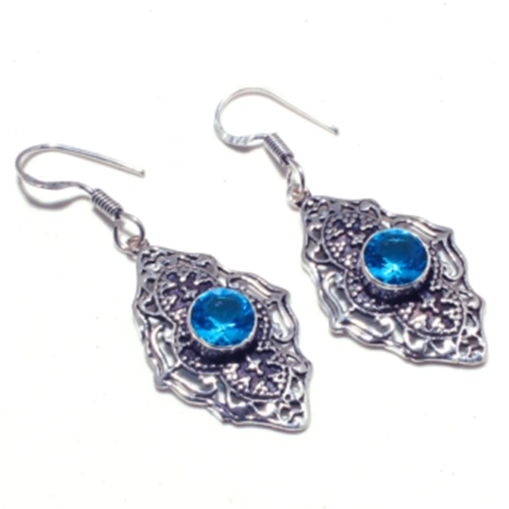 

Blue Topaz Silver Overlay on Copper Earrings , Hand made Women Jewelry Gift