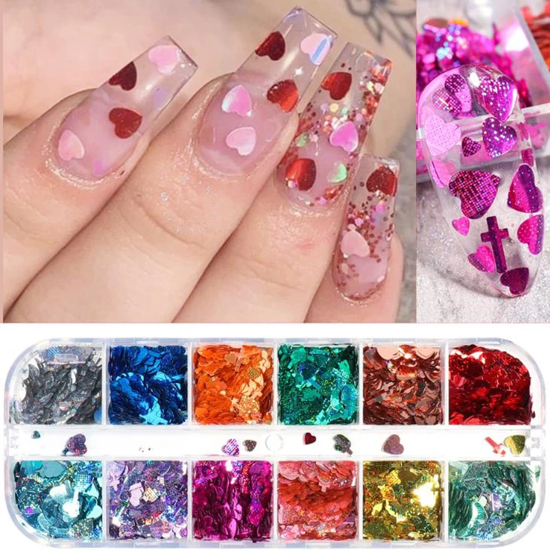 

12 Grids Love Heart Nail Sequins Cross Butterfly Shape 3D Shining Laser Nail Decals Manicure DIY Accessories for Girls Women