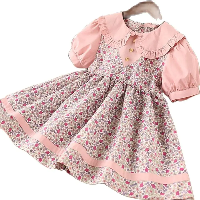 

Ins Easter Dress 2021 Summer New Short-sleeve Floral Lapel Baby Girl Dress For Girls Dress Infant Baby Clothing 2 3 4 5 6 Years