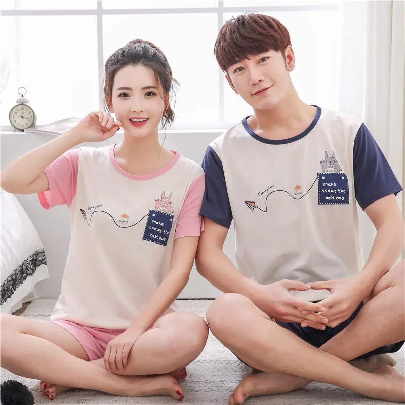 

New Summer 100%Cotton Couple Pajamas Set Cartoon Pijama Mujer Short Sleeve Thin Print M-4XL Lovers Sleepwear Nightwear