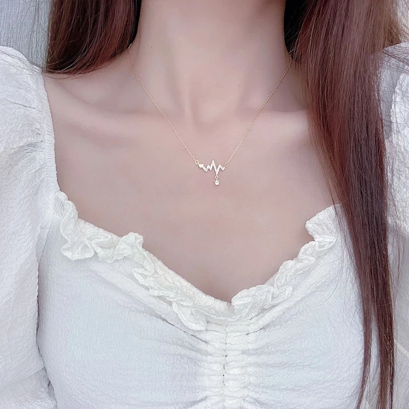 

14K Real Gold Fashion Design Signal Fluctuation Shape Necklace Micro Inlay Zircon Women Choker Koyle Jewelry Pendant Gfit