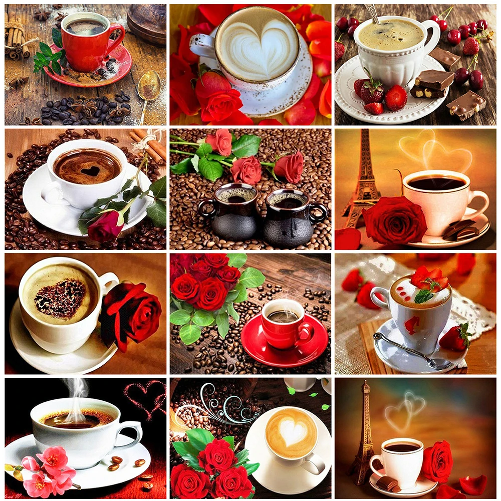 

MomoArt Diamond Embroidery Coffee Diamond Painting Full Square Rose Picture Rhinestones Cup Mosaic Flower Mosaic Decor For Home