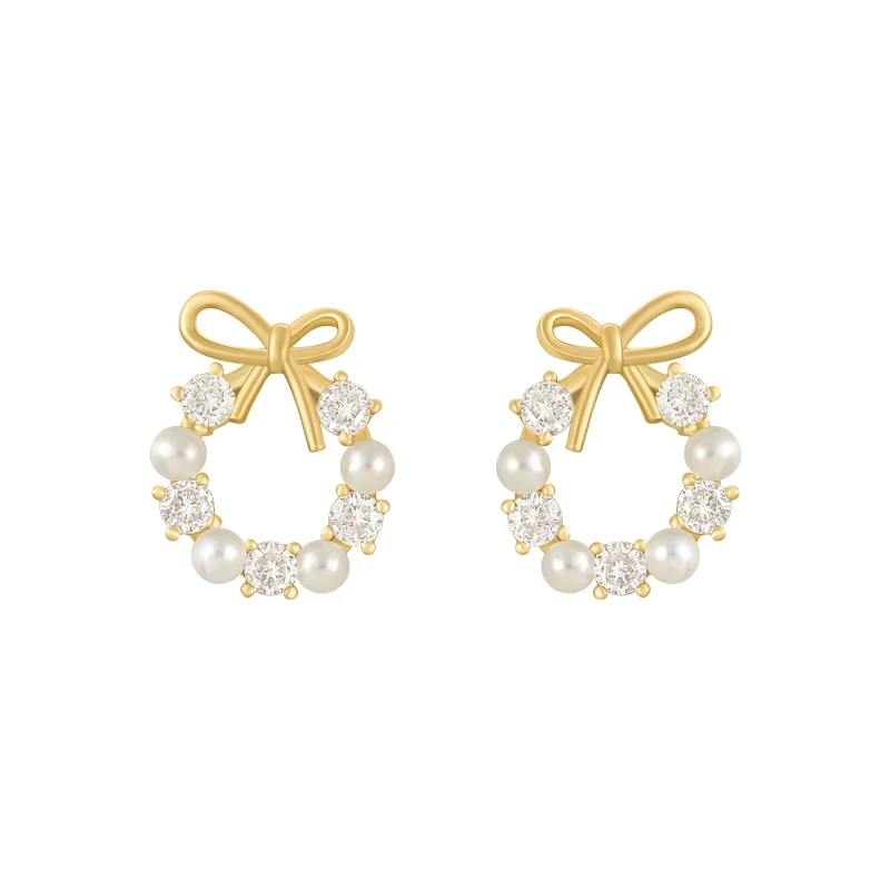 

Korean Elegant Trendy Round Crystal Wreath Bow Ear Stud Earrings For Women Imitation Pearls Fashion Jewelry Gift