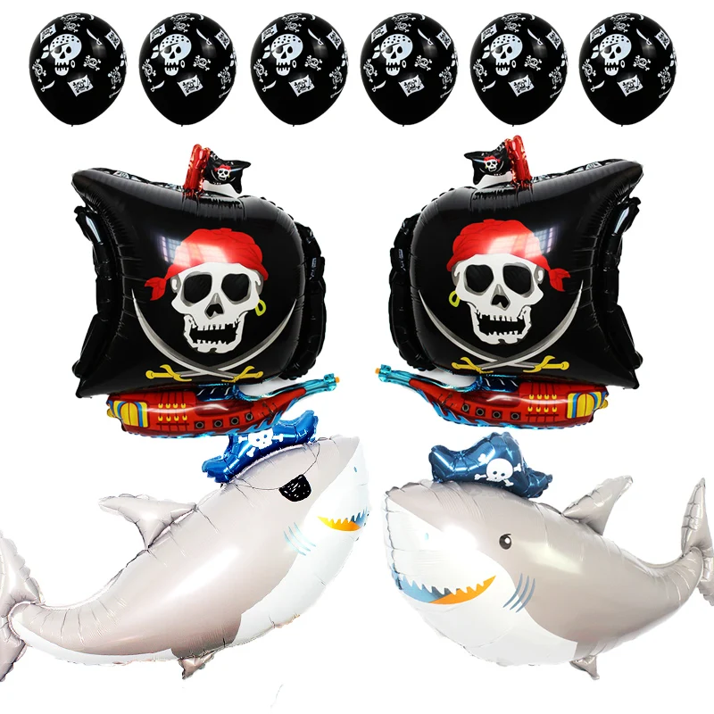 

New Big Grey Pirate Shark Balloons Pirate Boat Foil Ballon Latex Globos Baby Boy Party Favor Shark Baloon Inflatable Toys Globos