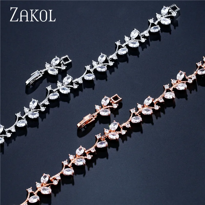 Женский браслет ZAKOL модный из кубического циркония с листьями и цепочкой белого