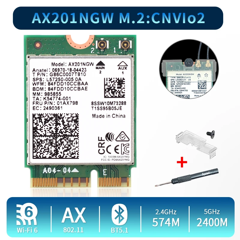 

Двухдиапазонный Wi-Fi адаптер AX201, 2,4 Гбит/с, Bluetooth 5,0, для Intel AX201, AX201NGW, NGFF Key E, M.2, 802.11ax, CNVIO2, Wi-Fi карта