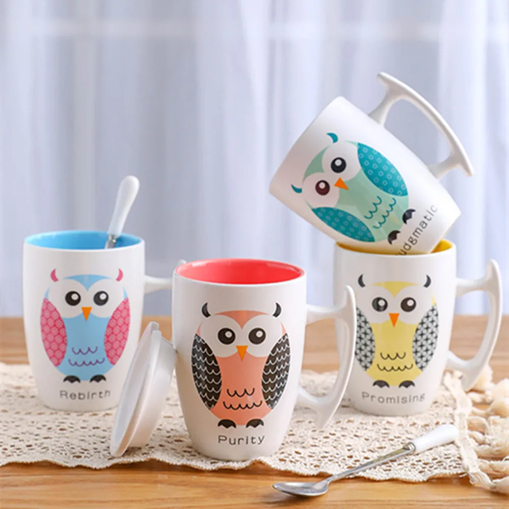 350 ml Owl Ceramic Cup Mug With Lid Spoon Coffee Animal Pattern Milk Tea Colorful Drinkware Drop shipping | Дом и сад