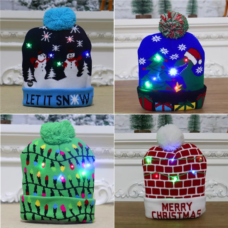 

LED Christmas Hat Sweater Knitted Beanie Christmas Light Up Knitted Hat Christmas Gift for Kids Xmas 2022New Year Decorations