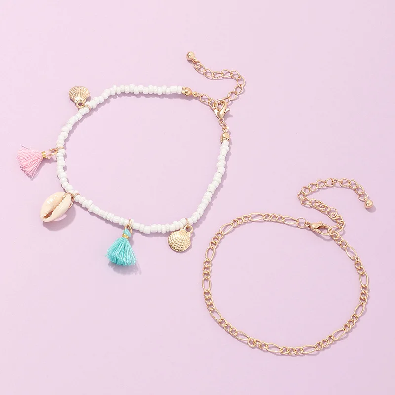 Браслеты на лодыжку женские с натуральной ракушкой анклеты кисточками и белыми