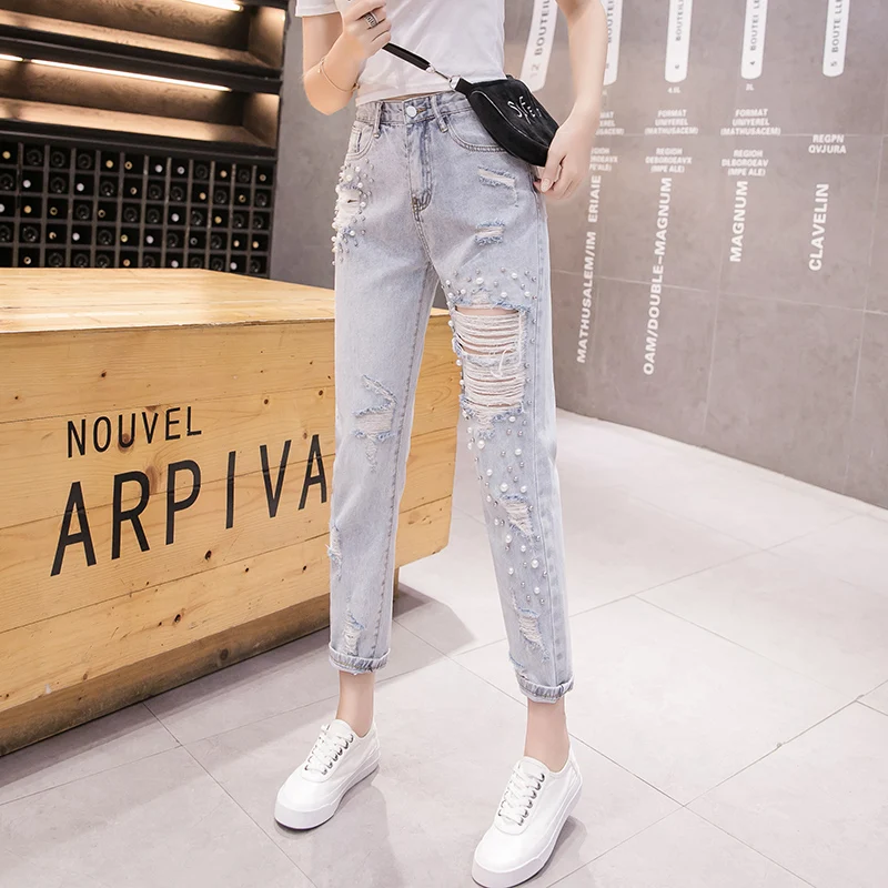 

#2259 Summer Ripped Jeans For Women Pearls Casual Pencil Jeans Femme With Holes Light Blue Beadings Destroyed Jeans Women Retro