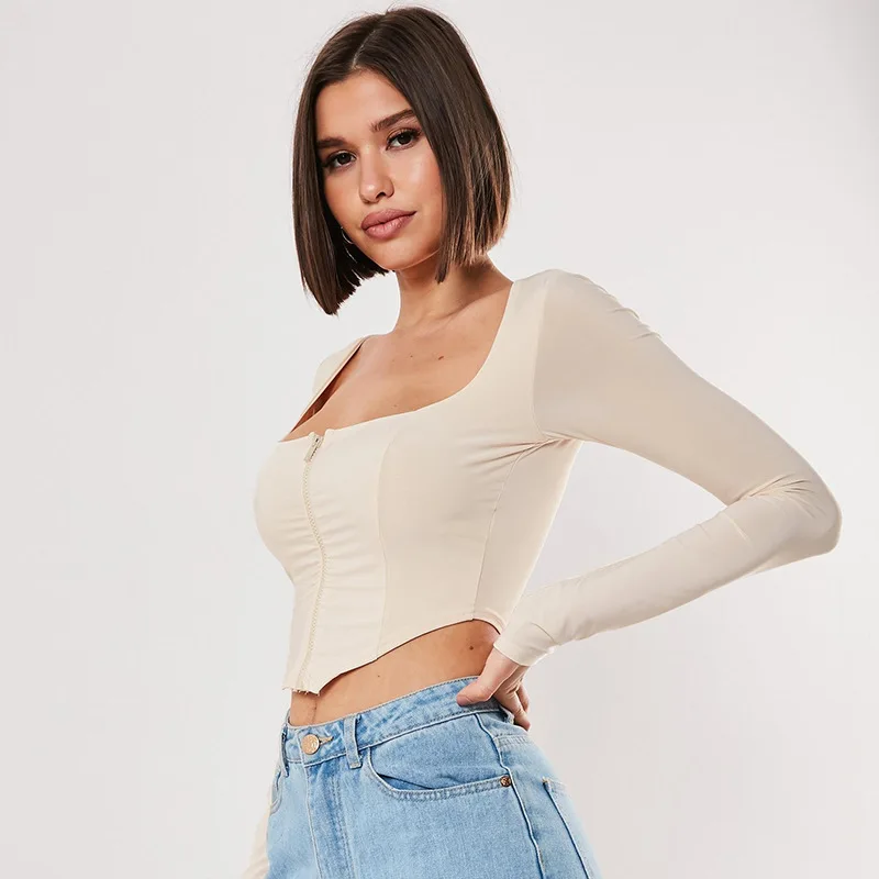 

summer and spring side collar Navel exposed stretch tights clothes shirt tshirt tee Long Sleeve Chic Zipper Top stretch T-shirt