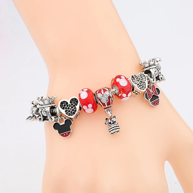 Anomokay Микки и Минни Маус эмаль браслет красный кристалл бусина для Для женщин