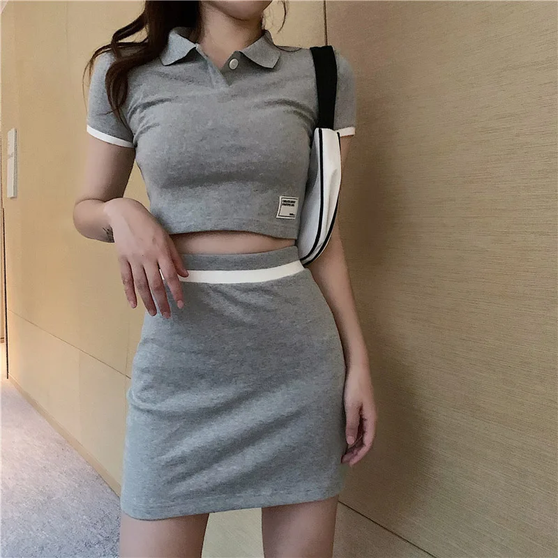Korean Two Piece Set Skirt KPOP Dress Dets Sport 2 Piece Set Women Split 2021 Summer New Polo Short Sets Solid Skirts Student