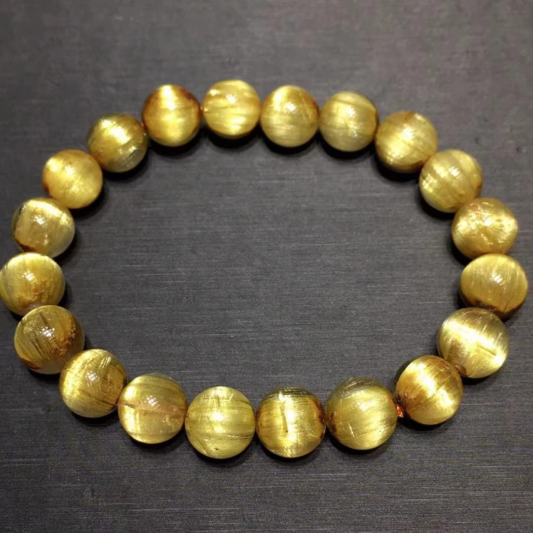 

Браслет из натурального золота с рутилированными кварцевыми кристаллами для женщин, 9,5 мм, прозрачные круглые бусины, ювелирные изделия из ...