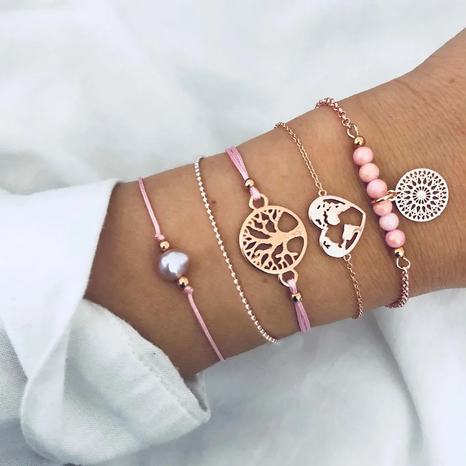 

Bohemia Pink Bead Chain Bracelet Set for Woman Punk Pearl Love Heart Tree Life Map Charm Pendant Bracelet Female Fashion Jewelry