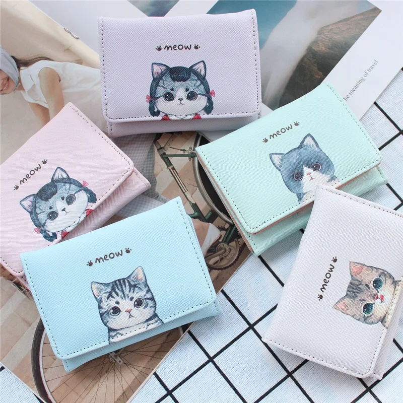 

Кошелек с карманом для карт и кошкой, маленький кошелек с милым котом, маленький кошелек из искусственной кожи тройного сложения для дам