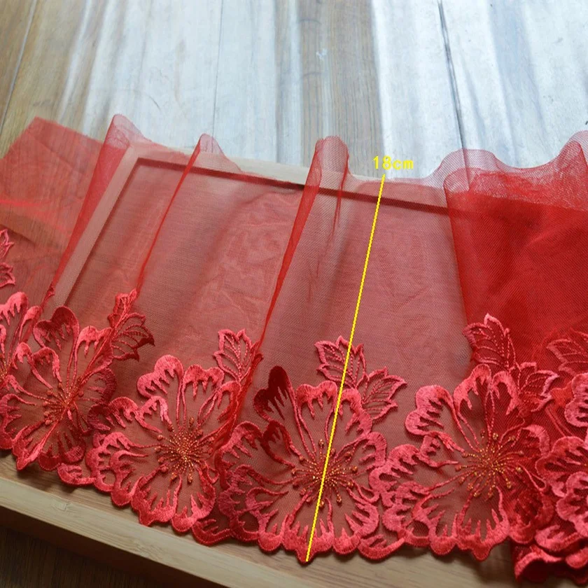 2 ярда/партия флуоресцентная красная сетка 16-19 см с цветочной вышивкой