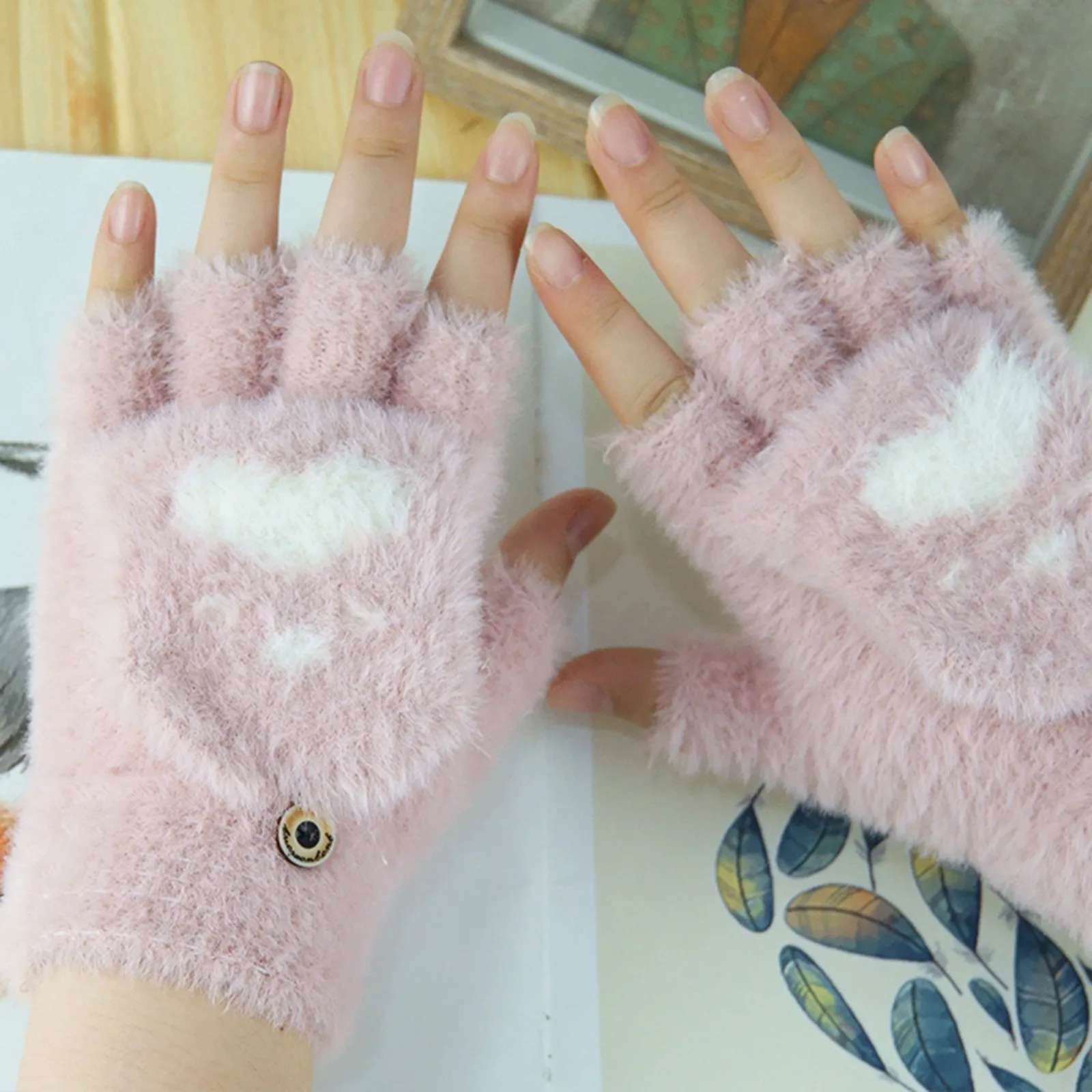 

Women's winter multifunctional outdoor keep warm soft cashmere cute printing knitting knitted thick half-finger flip gloves