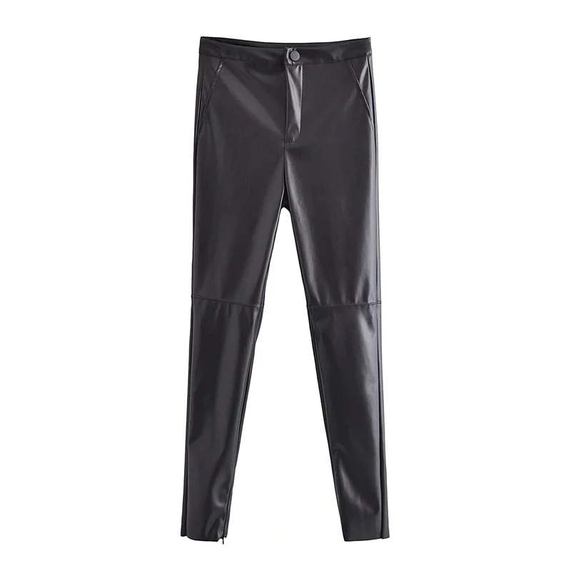 

Women 2021 fashion hem zips faux leather skinny pencil pants vintage high waist zipper fly female ankle trousers mujer