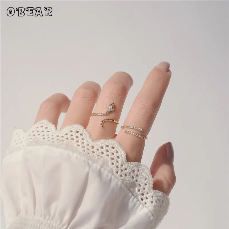 

OBEAR 14K Real Gold Snake CZ Ring for Women Adjustable Open Design Pave Zircon Snake Ring Wedding Jewelry Gift