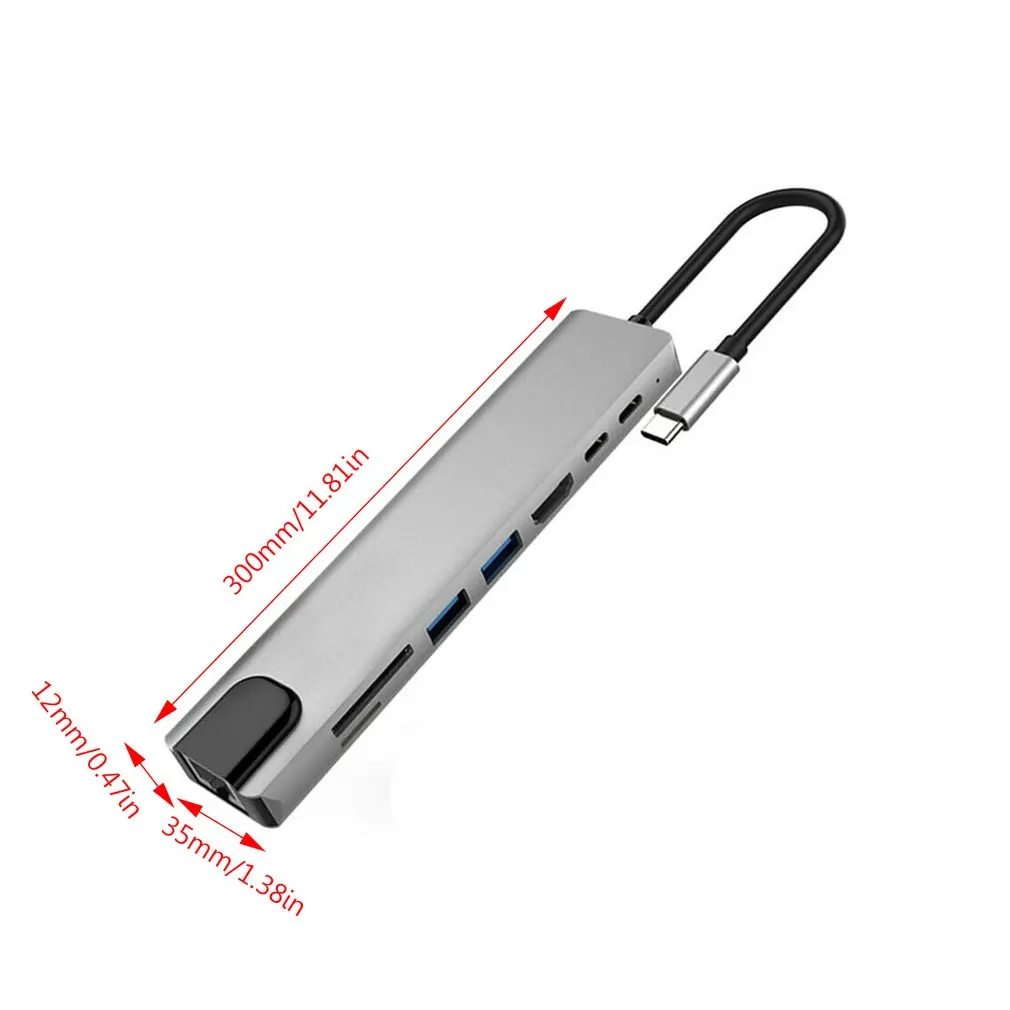 

Grey Aluminum Alloy 8 In1 USB-C To Type-C 3 USB 3.0 Hub HDMI-Compatible RJ45 Ethernet Micro TF OTG Adapter