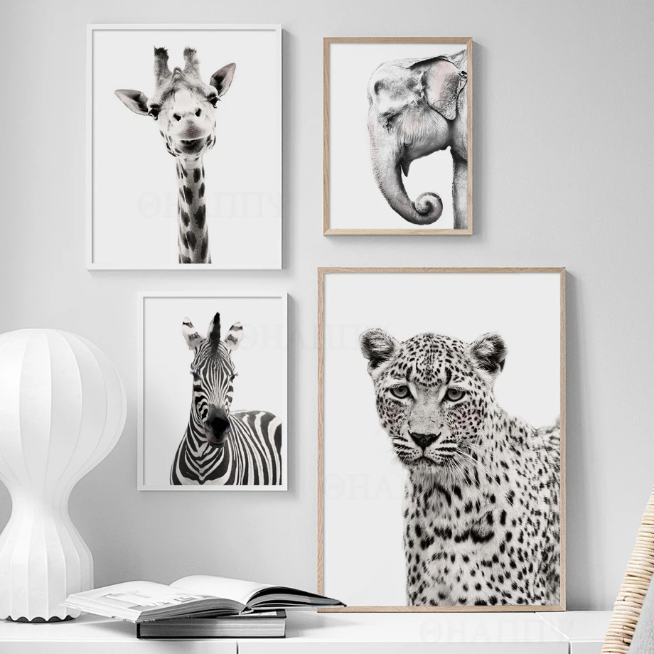 

Animal Giraffe Zebra Elephant Wall art Canvas Painting Black and White Nordic poster and printing wall pictures for living room