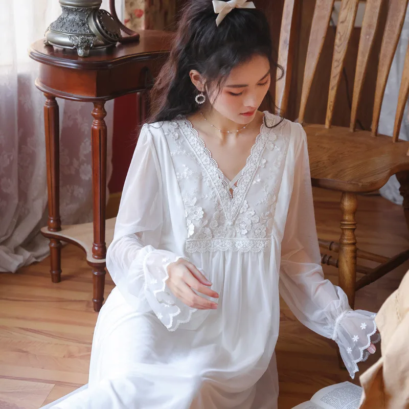 

Sexy Women's Nightgown Palace Style Long Sleeve Night Dress Autumn Lace Embroidery Sleepwear Nightwear Mesh Casual Home Dress
