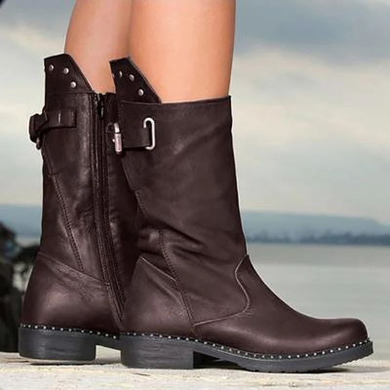 PUIMENTIUA/модные женские ботинки до середины икры; botas zapatos mujer; зимняя обувь из искусственной кожи; большие размеры 35-43