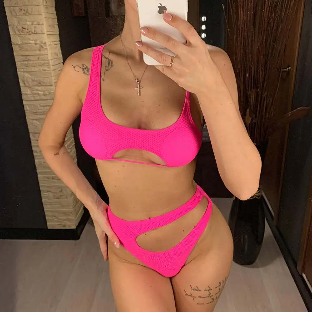 Пикантное неоновое розовое бикини со средней талией женская одежда для плавания