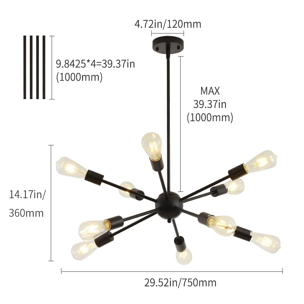 

Sputnik Chandeliers Brass Modern Pendant Lamps Antique Gold Industrial Stair Lighting Fixtures 10 Arms Brushed Nickel Black Tube