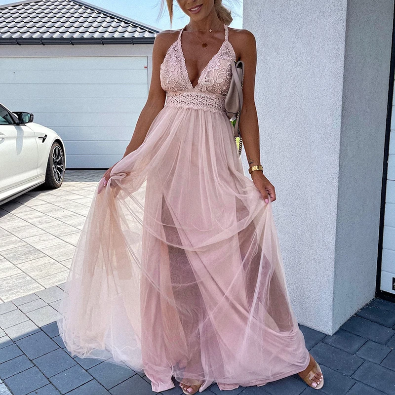 Женское вечернее длинное платье на бретельках элегантное однотонное Сетчатое с