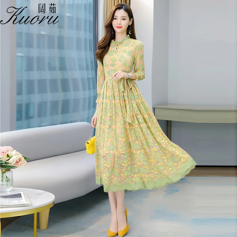 

Women Autumn Pink Lace Midi Dress Vintage For Party Yellow Long Sleeve Ruffle Bodycon Spring Wrap Size 4XL Robe Longue Vestidos