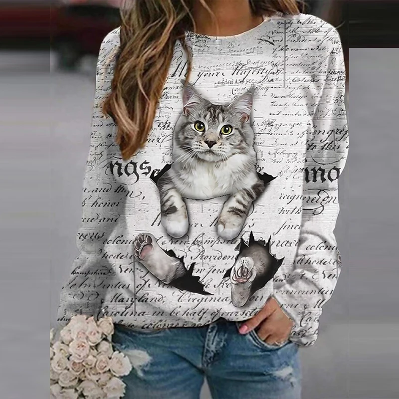 

Autumn Winter New Fashion Cat Printed Sweatshirts Women Casual O-Neck Long Sleeve Tops Pullover Ladies Vintage Loose Streetwears