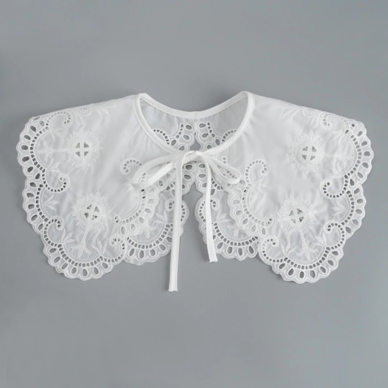 

Women Girls White Detachable Doll Fake Collar Shawl Wrap Hollow Out Floral Cross Embroidery Necklace Mini Cape Decorative M6CD
