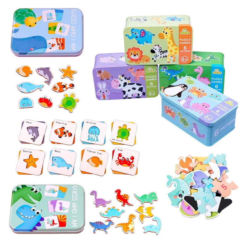 

Wooden Puzzle Kids Baby Cognitive Board Games Montessori Toys Educational Jigsaw Puzzle Cartoon Dinosaur Traffic with Iron Box