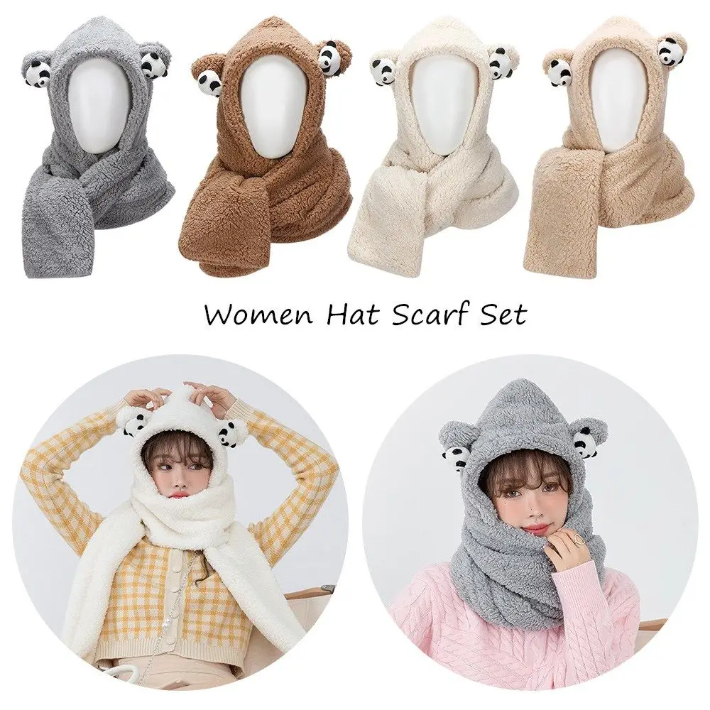 

Casual Warm Plush Novelty Beanies Caps Women Caps Hat Scarf Set Bear Ear Hat