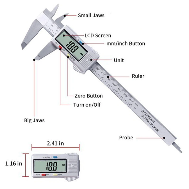 

150mm 0.1m Digital Vernier Calipers measure 6inch LCD Electronic Carbon Fiber Gauge height Micrometro Strumento