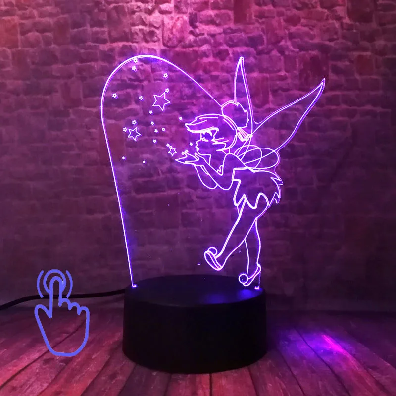 Touch Switch 2 Крылья Динь-Динь, 3D иллюзия, светодиодная лампа, 7 цветов, меняющий Ночной светильник, Динь-Динь, феи, Детский Светильник, игрушки на день рождения - Цвет: Touch Switch 2