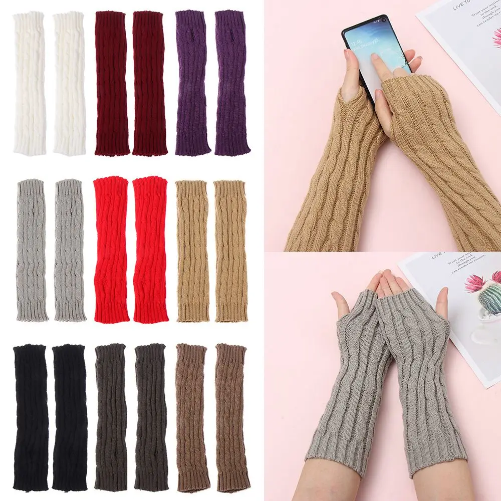 

30cm Elastic Thick Warm Twist Button Mitten Fingerless Gloves Long Knitted Gloves Fingerless Mittens
