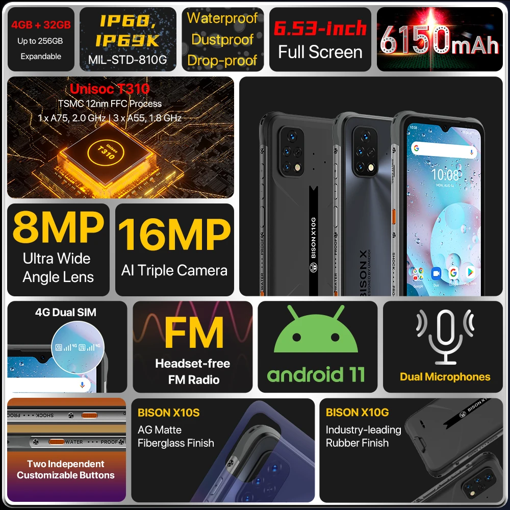 in stock umidigi bison x10s x10g ip68ip69k waterproof rugged phone 6 53 hd 4gb32gb 16mp 6150mah battery smartphone free global shipping