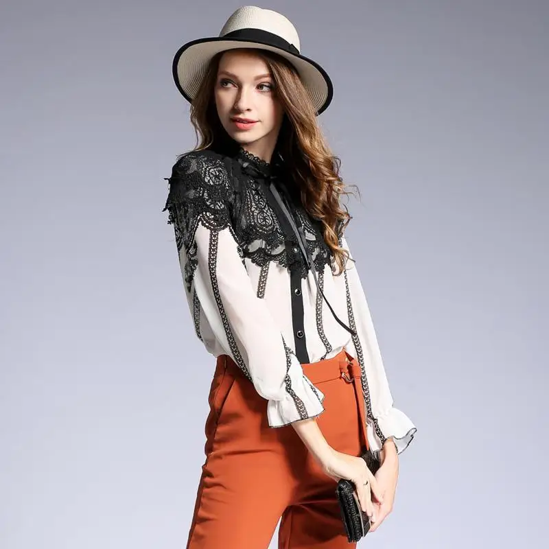 Шифоновые кружевные рубашки в полоску с бантом ретро-стиле облегающие Блузы