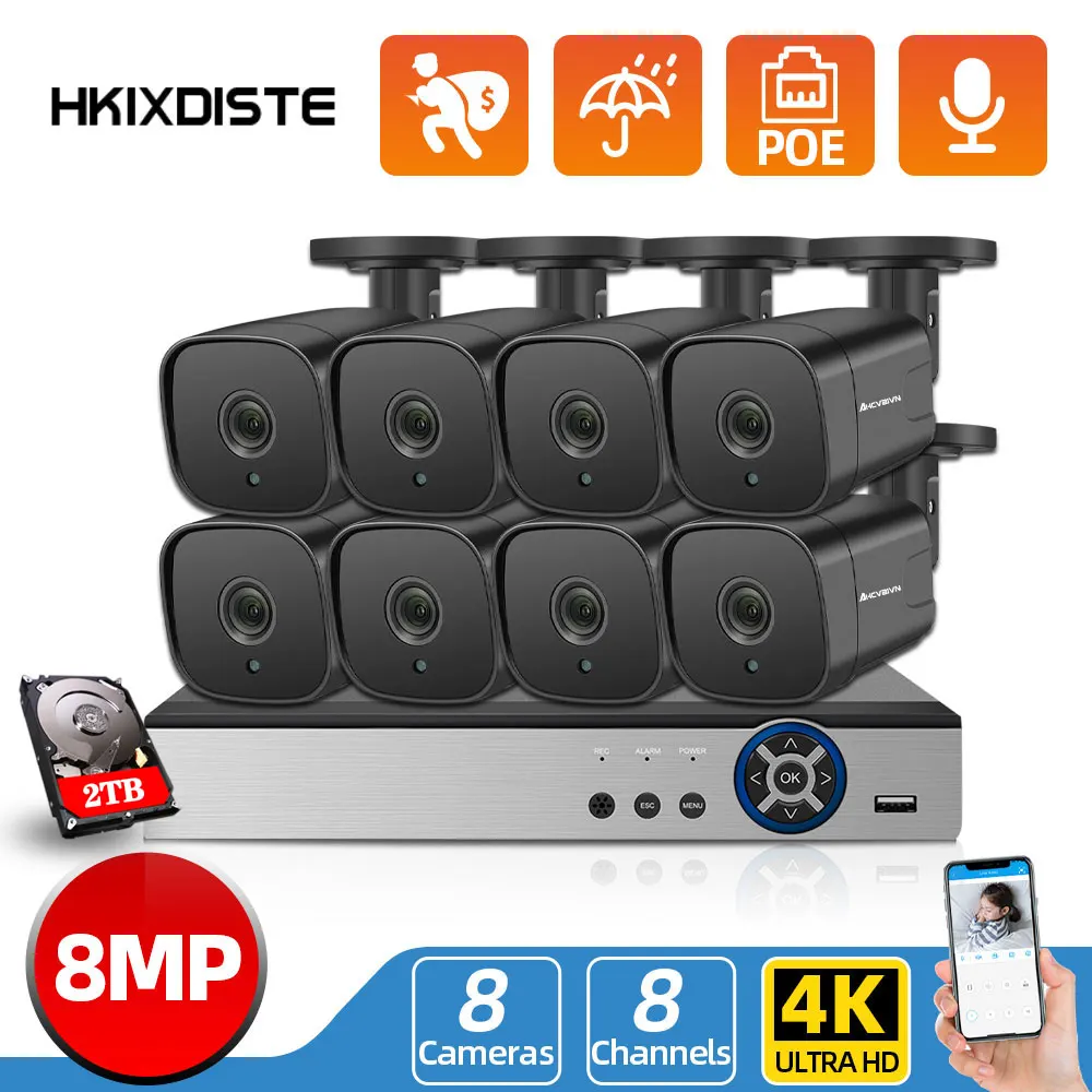 

8CH 4K Ultra HD POE Network Video Surveillance System 8MP H.265 NVR With 4X 8MP Weatherproof IP Security Cameras CCTV Kit