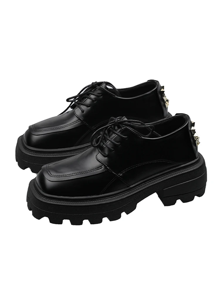 

Leather shoes 2020 winter new ladies fashion black square toe lace-up platform casual shoes
