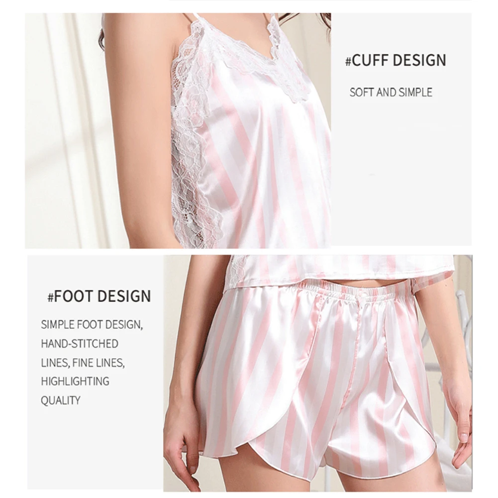 

Sexy Women Stripe Lace Brim V Neck Strap Top Camisole Shorts Outfit Sleepwear