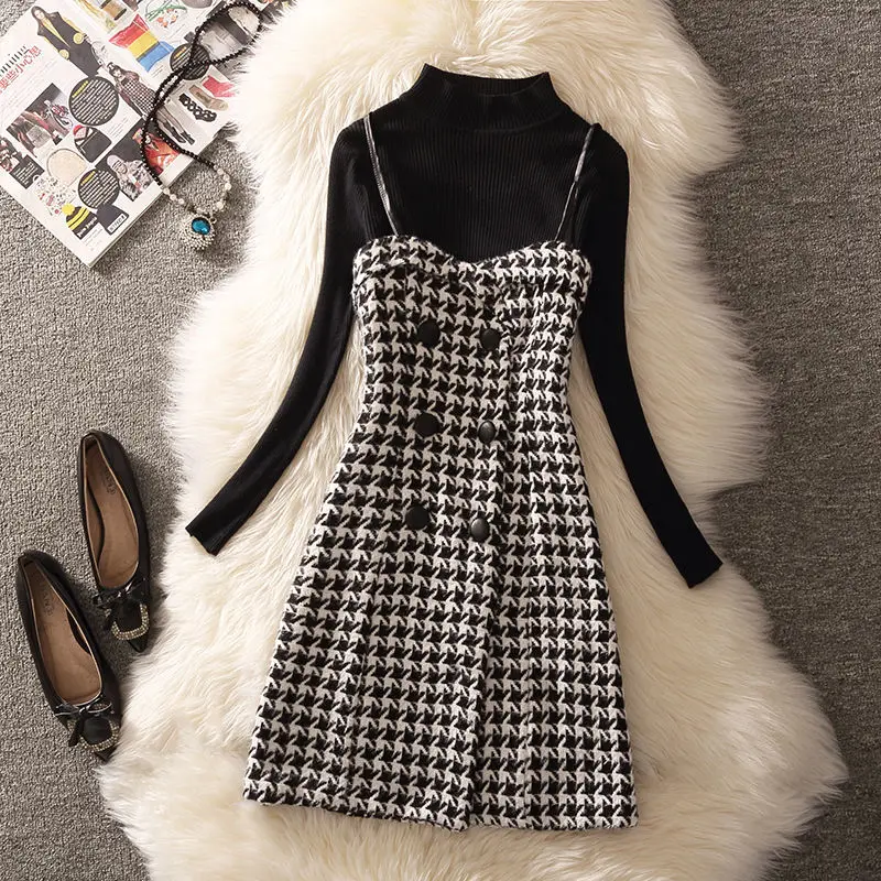 

Ladies Plaid Woolen Spaghetti Strap Mini Pencil Dress V-neck Slim Winter Spring New Fashion Elegant Out Wear Short Dresses Women